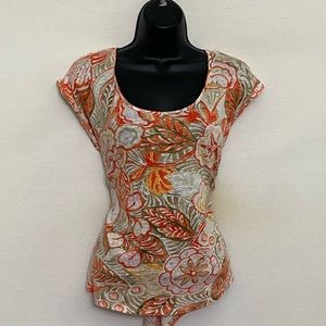 🧡Loft 100% Linen Orange White & Tan Floral Short‎ Sleeve Blouse Size M